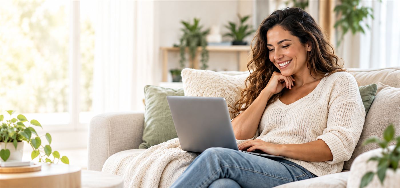 Mujer sonriendo mientras usa su computador en casa